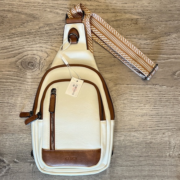 Gluci Crossbody Bag Light Beige with Brown trim. - Picture 2 of 6